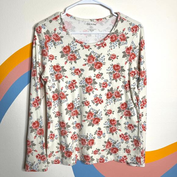 Floral Long Sleeve Top Womens L Cottagecore White Pink Roses Romantic Basic - Picture 1 of 6